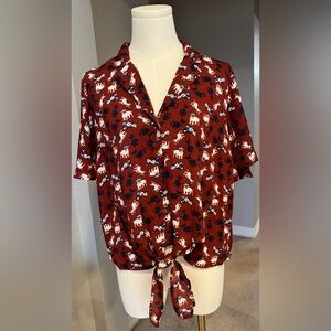 Monteau Brown, White, & Navy Dog Print Collared Tie-Front Button-Down Blouse